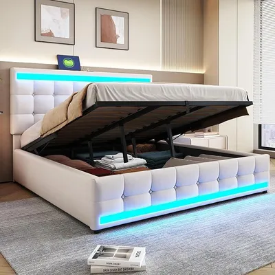 Imagen del producto de Cama doble tapizada de 180x200 cm con iluminación LED y cabecero con puertos USB, cama hidráulica con espacio de almacenamiento, estructura de cama con somier, muebles para dormitorio, color beige, tejido de lino, sin colchón