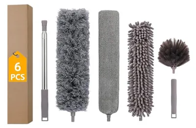 Image de INF Lot de 6 plumeaux télescopiques avec manche en acier inoxydable épais, tête articulée et brosses microfibre et chenille lavables, gris