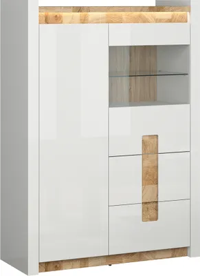 Produktbild von Geschirrschrank Helios mit 2 Schubladen und 2 Türen, Weiß und Holzoptik, 141cm