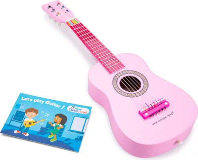 A pink toy guitar and an instruction booklet are displayed on a white background.