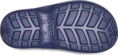 The bottom view of a navy blue Crocs rain boot.