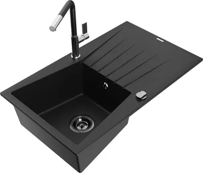 Produktbild von Mexen Cesar 1 Becken-Granitspüle mit Abtropffläche und Mischbatterie Flora, Schwarz - 6514-77-670401-07-B