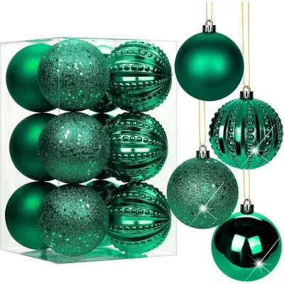 Image de Boules de Noël, 8 cm de diamètre, vert foncé, en plastique incassable, lot de 12