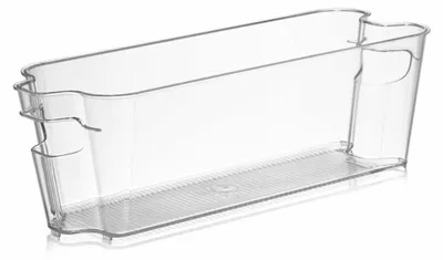A clear plastic refrigerator organizer is shown against a white background.