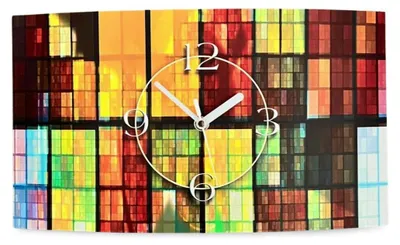 A wall clock with a colorful abstract mosaic design.