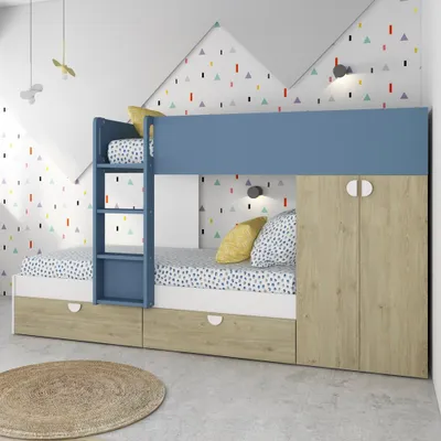 Immagine prodotto di Letto a castello rovere e azzurro con armadio 2 ante e cassetti