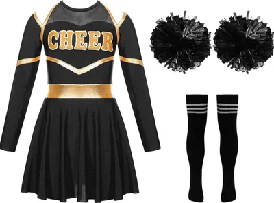 Produktbild von Strahlende Cheerleaderin: Komplettset für Mädchen in Größe 128 Cm - Langarm-Crop-Top, Rock, Pompoms & Socken für Halloween, Karneval, Fasching & Sport