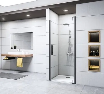 Produktbild von Drehtür für Nische Breuer Europa Design 90 cm Anschlag rechts Nachbildung Terrazzo Weiß Profilfarbe schwarz