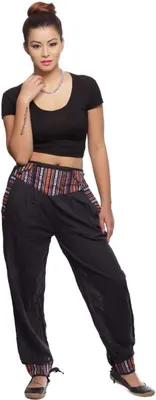 Produktbild von Haremshose Freizeithose Thamel  Stoffhose mit breitem gewebtem Bund für Damen, schwarz L/XL