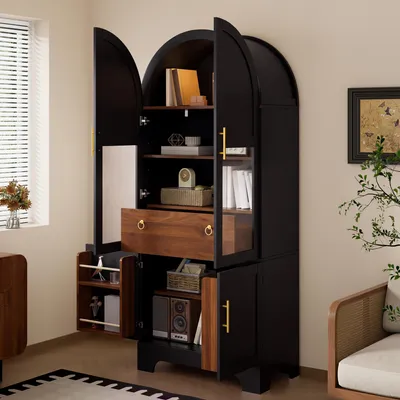 Produktbild von MODFU Hochschrank 180 cm Vitrinenschrank mit LED-Beleuchtung,Wohnzimmerschrank mit großer Bogenfront,Aufbewahrungsschrank mit 4 Türen und Schublade,Schwarz