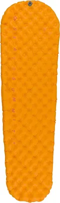 A top-down view of an orange sleeping mat on a white background.