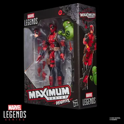 A product shot of a Marvel Legends Maximum Series Deadpool action figure in its packaging against a black background.