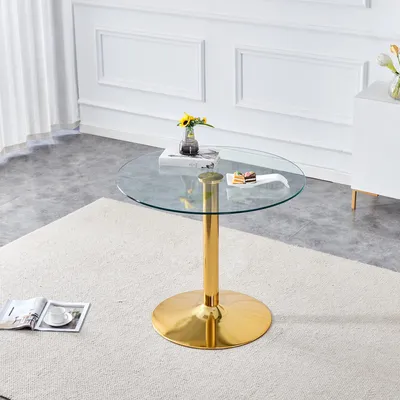 Productafbeelding van Ronde eettafel met glazen poten, diameter 85 cm, hoogte 76 cm, minimalistisch design, luxe (goud, transparant)