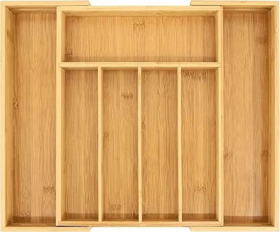 Produktbild von PolkaHome® Bambus Besteckorganizer ausziehbar, 29-45,5 cm, 5-7 Fächer, Schubladeneinsatz