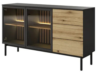 Produktbild von GrainGold Kommode Loara- Kommode mit Schubladen und Türen - Sideboard, TV-Kommode, LED-Beleuchtung - Kommode Eichefarbe, Schwarz