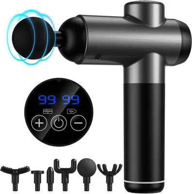 Imagen del producto de Pistola de masaje, portátil, con un diseño silencioso, ideal para masajes profundos en los músculos, con 99 niveles de intensidad ajustables, 6 cabezales de masaje y una pantalla táctil LCD