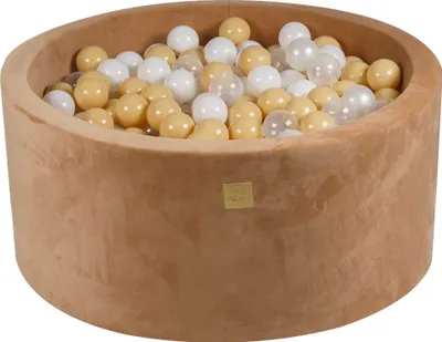 Produktbild von MeowBaby Runder Trockenballpool 7 cm für Babys 90 x 40 cm/300 Bälle, Supersoft Samt, Karamell: Weiß/Perlweiß/Beige