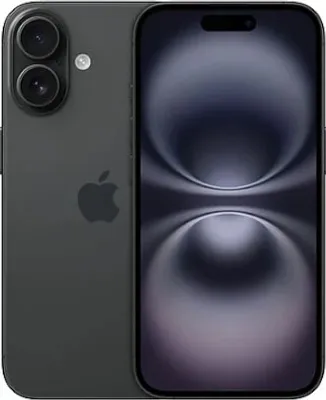 A dark gray iPhone 16 with the Apple logo is shown from the back and front.