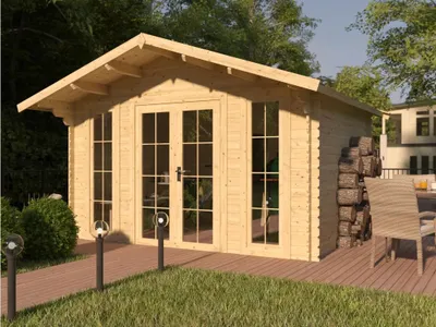 Produktbild von WOODTEX Naturbelassen 28 mm Gartenhaus Blockbohlenhaus Maximus, Gartenhaus aus Fichte, Gartenhaus naturbelassen, Gartenhaus 28 mm, Gartenhaus Blockbohlen