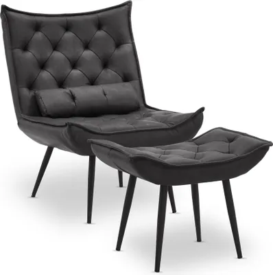 Produktbild von MCombo Sessel mit Hocker, moderner Relaxsessel mit Taillenkissen für Wohnzimmer, Retro Vintage Lesesessel Loungesessel Stuhl Polstersessel, Kunstleder,4778 (Dunkelgrau)