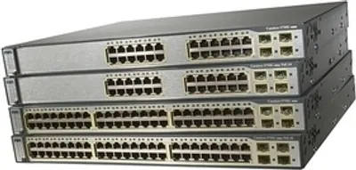 Produktbild von Cisco Catalyst 3750 24x 100BaseFX + 2x SFP Standard Multilayer Image, gemanaged, 26, 24, 26, IEEE 802.1D, IEEE 802.1p, IEEE 802.1Q, IEEE 802.1s, IEEE 802.1w, IEEE 802.1x, IEEE 802.3af, 0.1 Gbit/Sek, SNMP 1, SNMP 2, RMON, Telnet, SNMP 3, HTTP