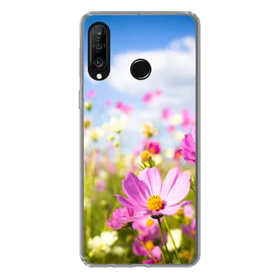 Produktbild von MuchoWow® Handyhülle Schutzhülle Hülle für Huawei P30 Lite Blumen - Wiese - Lila - Gras - Weiß - Wolken - Blau Silikon Softcase Handy Hülle - Handyhülle