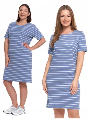 Productafbeelding van jurk - damesjurk, maat L - T-shirtjurk, blauw - jurk met korte mouwen - gestreepte jurk