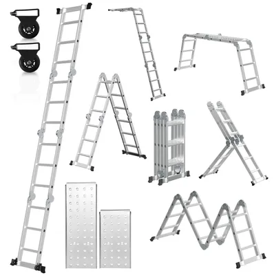 Obrázek produktu pro Peviasot univerzální žebřík 7v1, hliník, 4x3 schody, cca 360 cm / 3,6 m, kloubový žebřík/skládací žebřík s 2 platformami + 2 kolečky, maximální nosnost 150 kg