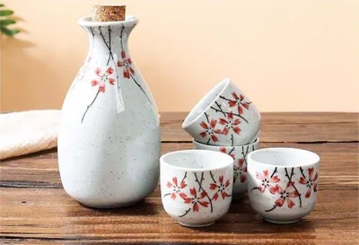 Zdjęcie produktu dla Zestaw do sake Fine Asianliving Pudełko upominkowe Czerwona Sakura Ręcznie robione - Zestaw Ohira/5