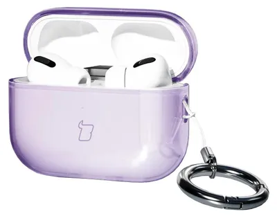 A purple transparent case for AirPods Pro 3, with the AirPods inside and a silver carabiner attached.