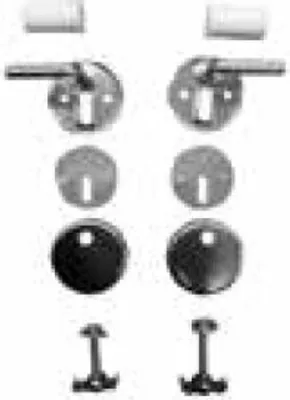 A set of toilet seat hinges and related parts, arranged in two columns.