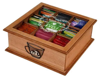 Produktbild von Teebox aus Holz mit 9 Fächern für Teebeutel und Zucker
