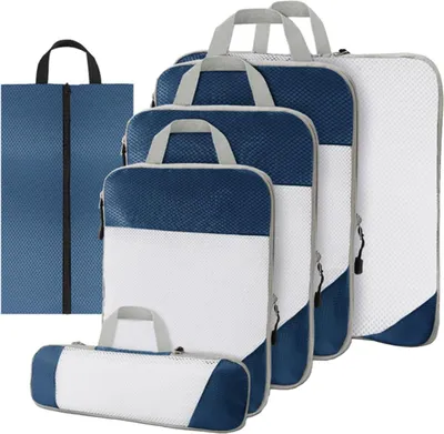 Produktbild von Kompressions Packwürfel 6er Set – Mehr Platz im Koffer – Packing Cubes mit Kompression – Navyblau – Thousandtravelmiles