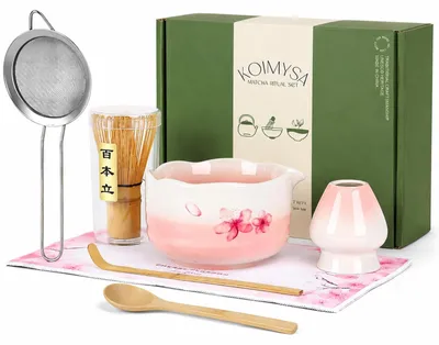 Matcha-Set 5-teilig, Keramik, Kirschblüte, rosa, mit Bambusbesen