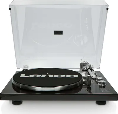 A Lenco turntable is shown from the front on a white background.