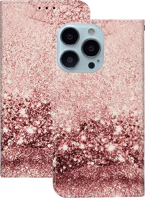 Produktbild von CLM-Tech Hülle kompatibel mit iPhone 14 Pro - Tasche aus Kunstleder - Klapphülle mit Ständer und Kartenfächern, Glitzer rosegold