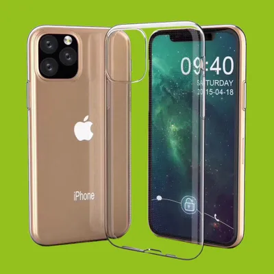 A gold iPhone 11 with a clear protective case is shown against a green background. The phone's screen displays the time and date.