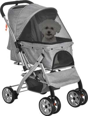 Image de PawHut Poussette buggy pliable chien chat panier et sac de rangement attaches sécurité housse réglable acier Oxford gris chiné noir