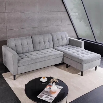 Produktbild von riess-ambiente Ecksofa STOCKHOLM 220cm grau Cordstoff Federkern 3-Sitzer mit Ottomane links und rechts platzierbar