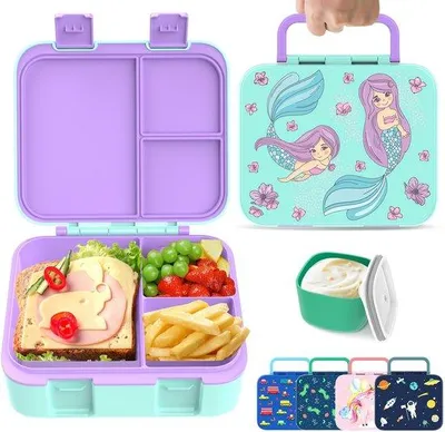 Productafbeelding van Unyqoos® Lunchbox met meerdere compartimenten – geschikt voor kinderen, 25 x 16 x 5 cm, 410 g, gemaakt van voedselveilig polypropyleen, BPA-vrij, geschikt voor de magnetron en vaatwasser, met handvat