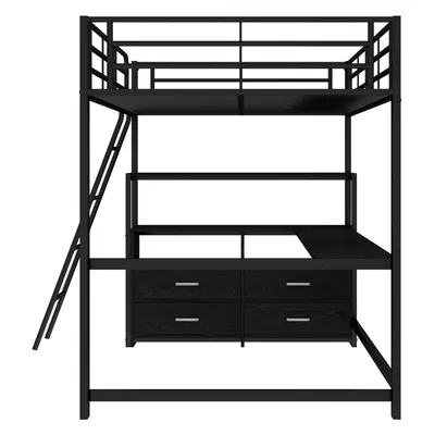 Produktbild von Flieks Etagenbett 140x200cm mit Schreibtisch, Hochbett mit Regal und Schublade, Kinderbett Metallbett Stockbett mit Lattenrost & Rausfallschutz