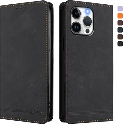 Produktbild von Hülle für iPhone 14 Pro Max, Retro Kunstleder Ständer Klapphülle mit Kartenfächer und Magnetische Schwarz