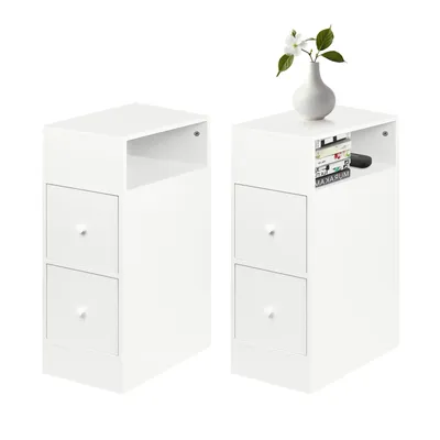 Produktbild von Nachttisch 2er Set, schmal, Beistelltisch mit 2 Schubladen, offenes Fach Weiß