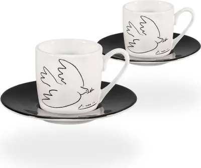 Produktbild von tea4chill Könitz Espresso Tassen Set Picasso Friedenstaube. 2 Kaffeetassen 65ml aus Porzellan. Espressotassen modern, schwarz-weiß