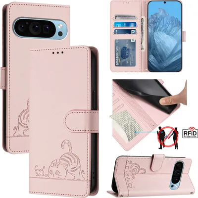 Collage of images showing a pink leather flip case for a Google Pixel 9 Pro phone, with close-ups of its features and design.