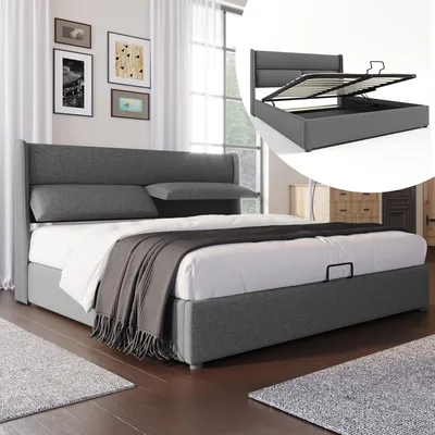 Image de OKWISH Lit coffre 160 x 200 cm – Rangement sous le lit et sommier à lattes flexible – Sans matelas – Gris