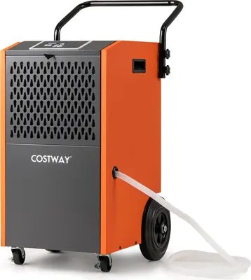 A commercial dehumidifier with a hose attached for drainage, shown on a white background.