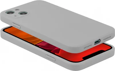 A light gray iPhone 13 case is shown floating above the phone it is designed to protect.