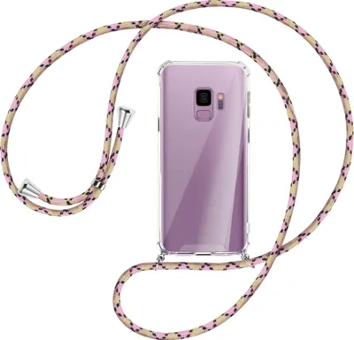 Produktbild von Handykette Backcover-Schutzhülle mit Band (Metall silberfarben) für Samsung Galaxy S9 - rosa Karo
