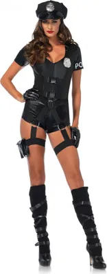 A woman dressed in a police costume, posing against a white background.